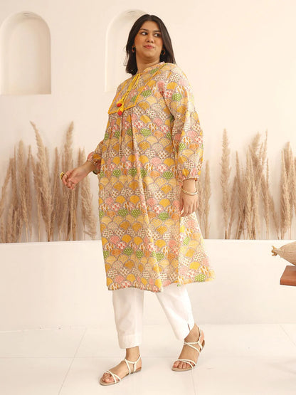 Plus Size Multicolor Cotton Ethnic Motifs A-Line Kurta – 3XL to 5XL