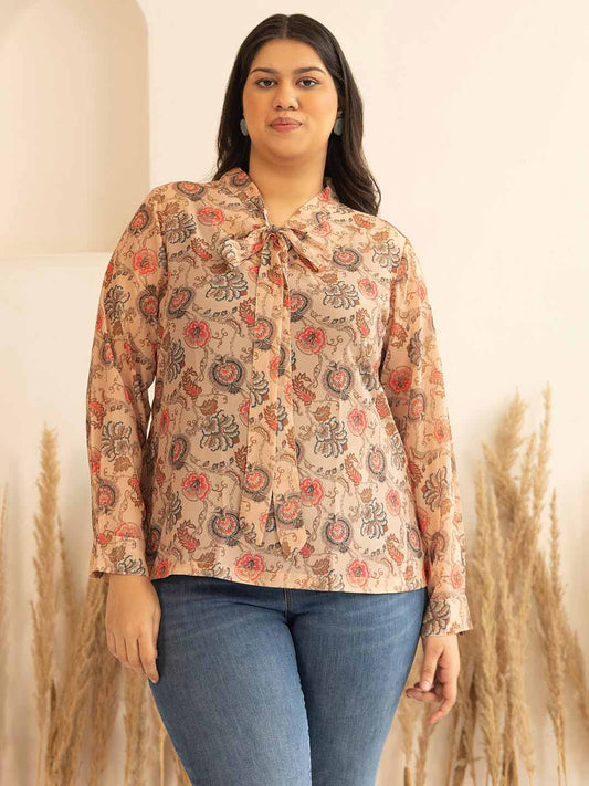 Women’s Peach Georgette Floral Printed Regular Fit Top – Plus Size 3XL to 6XL