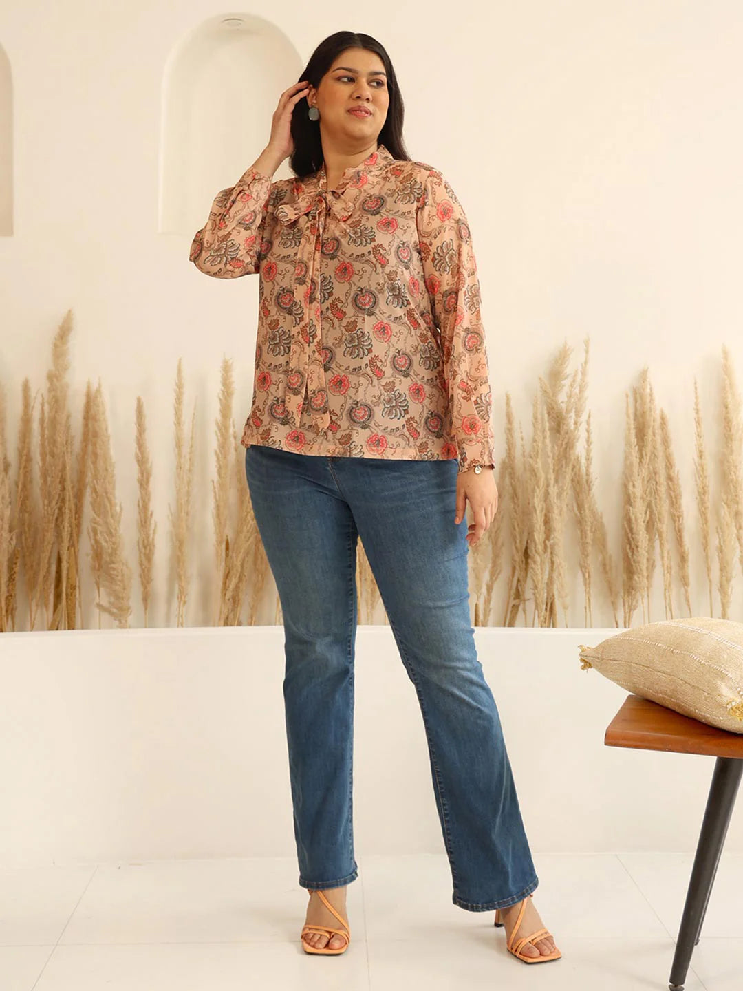 Women’s Peach Georgette Floral Printed Regular Fit Top – Plus Size 3XL to 6XL