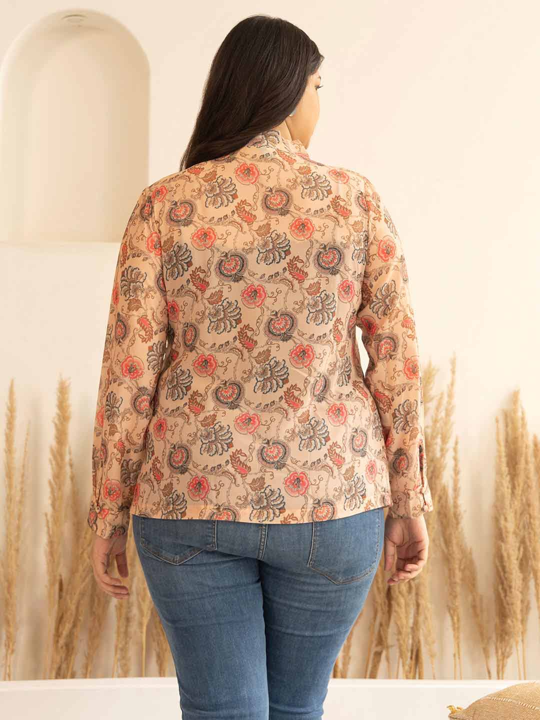 Women’s Peach Georgette Floral Printed Regular Fit Top – Plus Size 3XL to 6XL