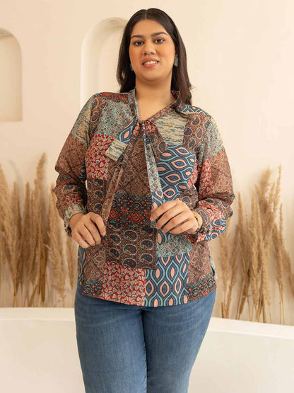 Plus Size Multicolor Georgette Ethnic Printed Regular Fit Top – 3XL to 6XL