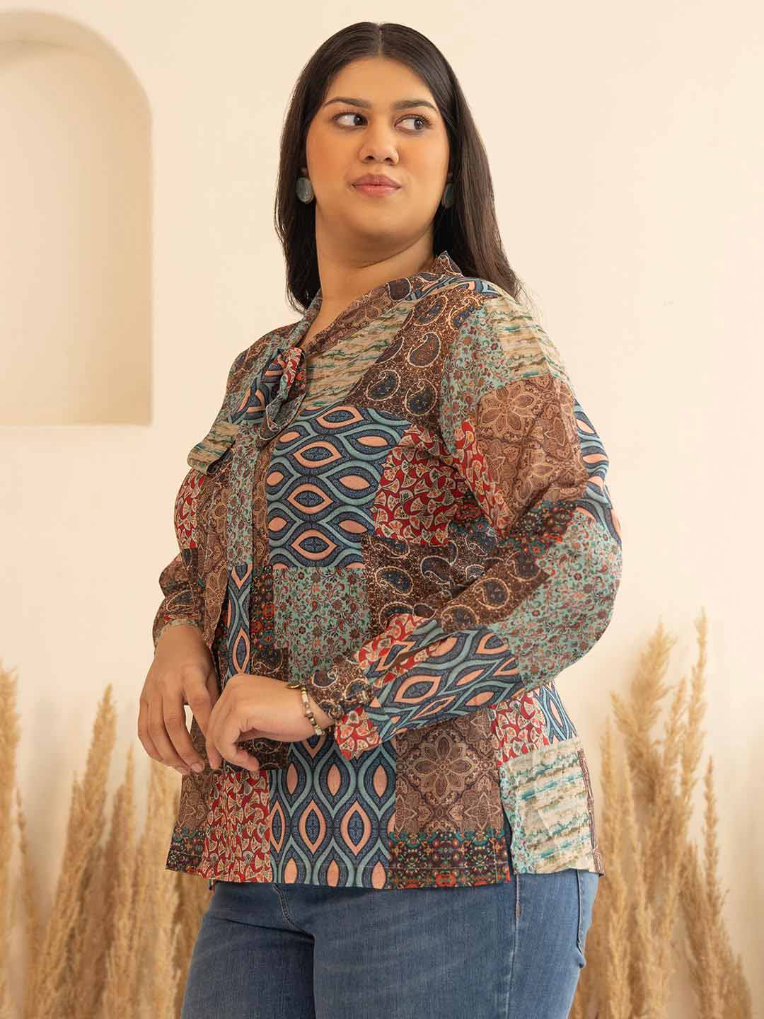 Plus Size Multicolor Georgette Ethnic Printed Regular Fit Top – 3XL to 6XL