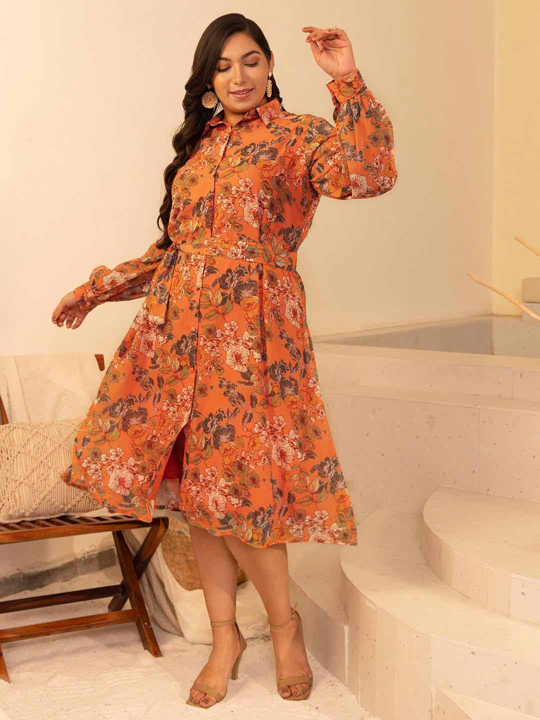 Plus Size Orange Georgette Floral A-Line Dress – 3XL to 6XL