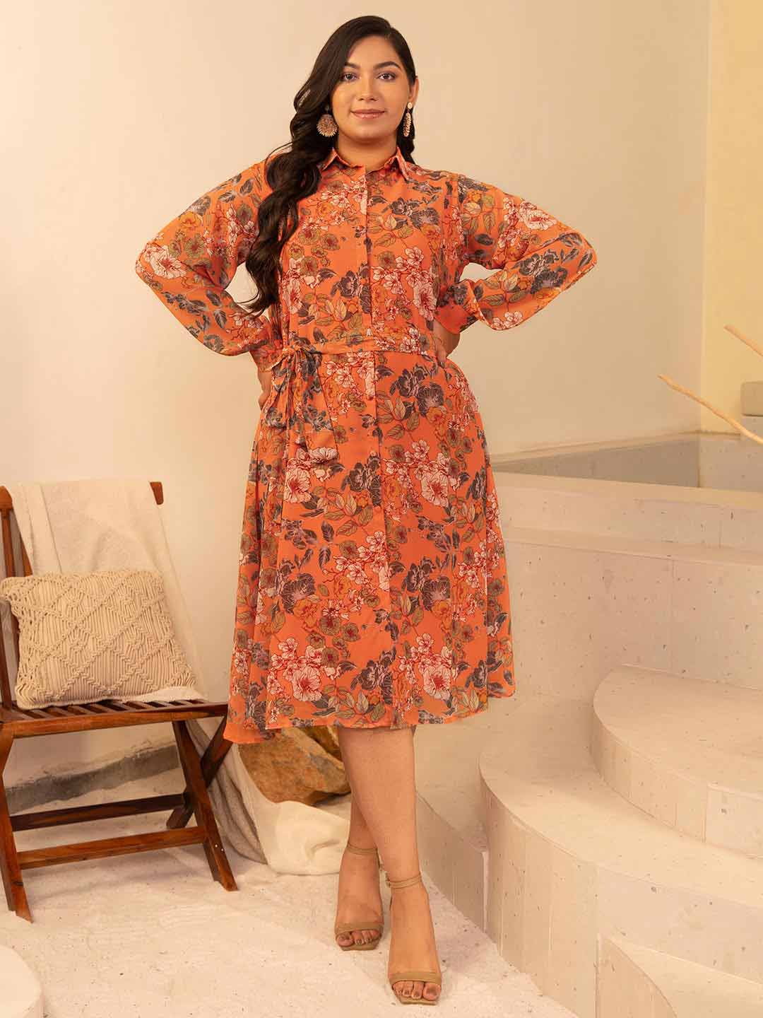 Plus Size Orange Georgette Floral A-Line Dress – 3XL to 6XL