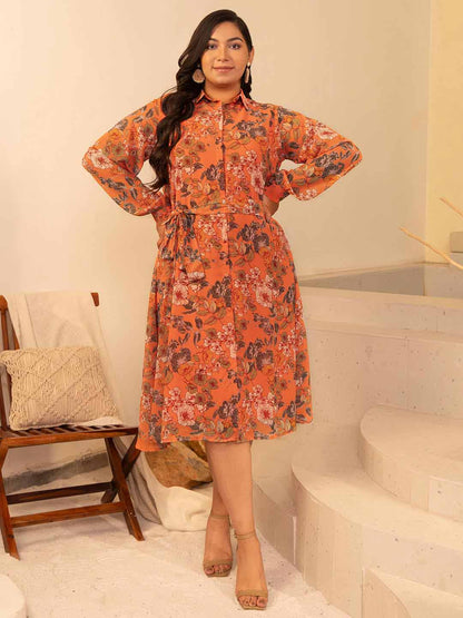 Plus Size Orange Georgette Floral A-Line Dress – 3XL to 6XL