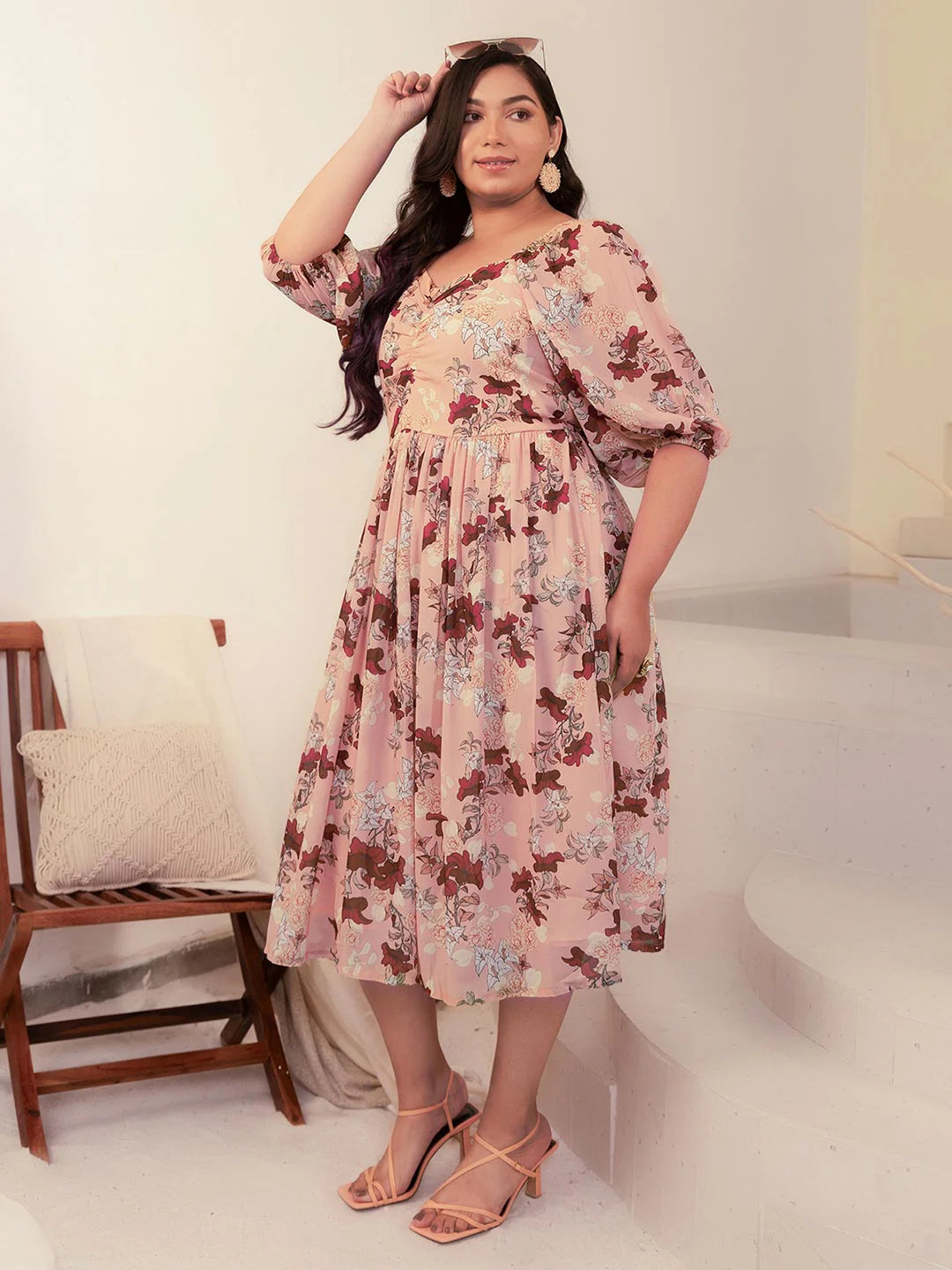 Plus Size Peach Georgette Floral Fit & Flare Dress – 3XL, 5XL, 6XL