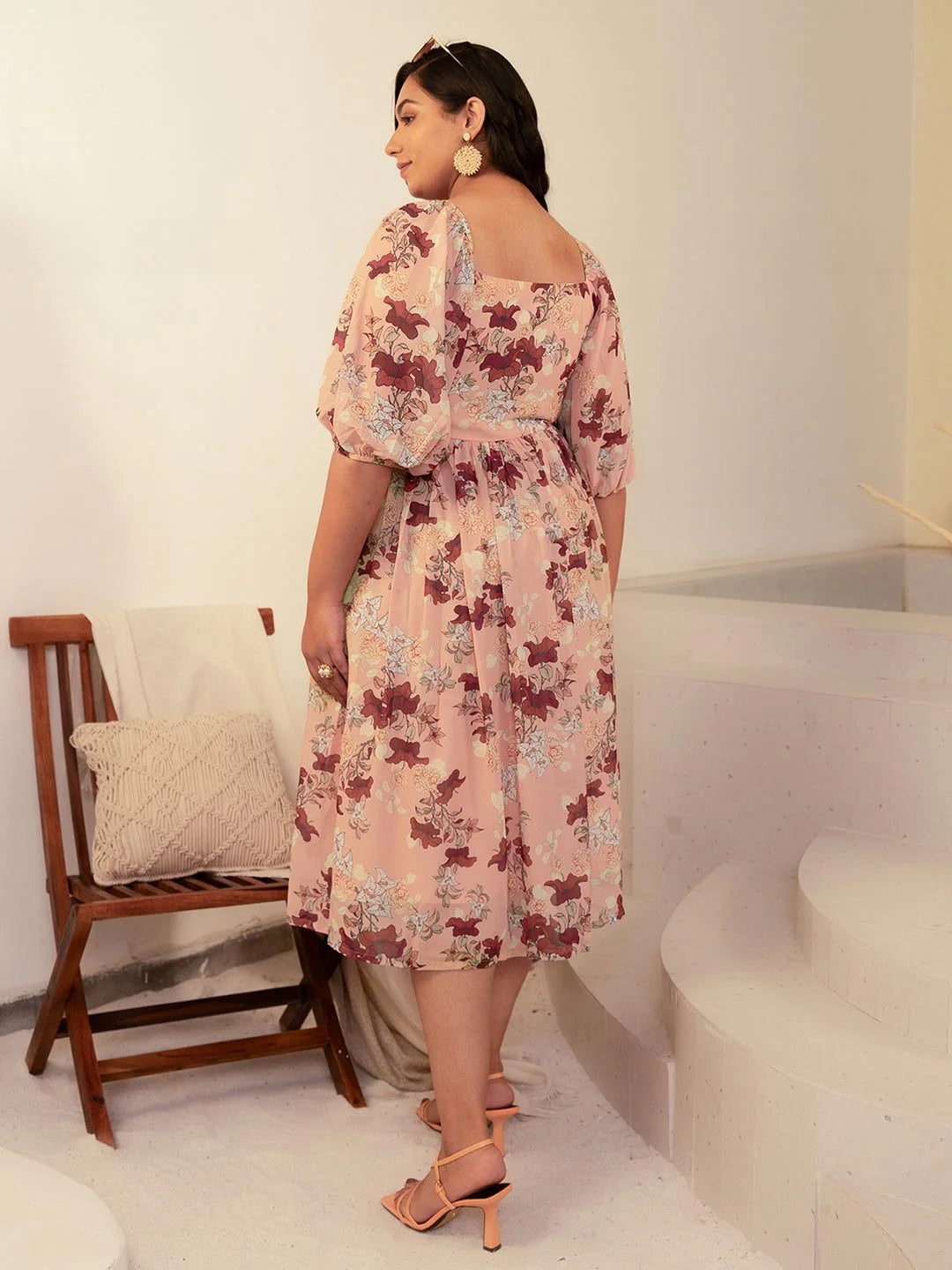 Plus Size Peach Georgette Floral Fit & Flare Dress – 3XL, 5XL, 6XL