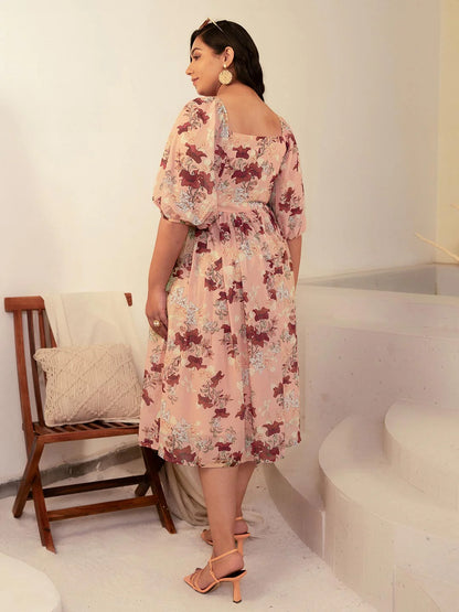 Plus Size Peach Georgette Floral Fit & Flare Dress – 3XL, 5XL, 6XL