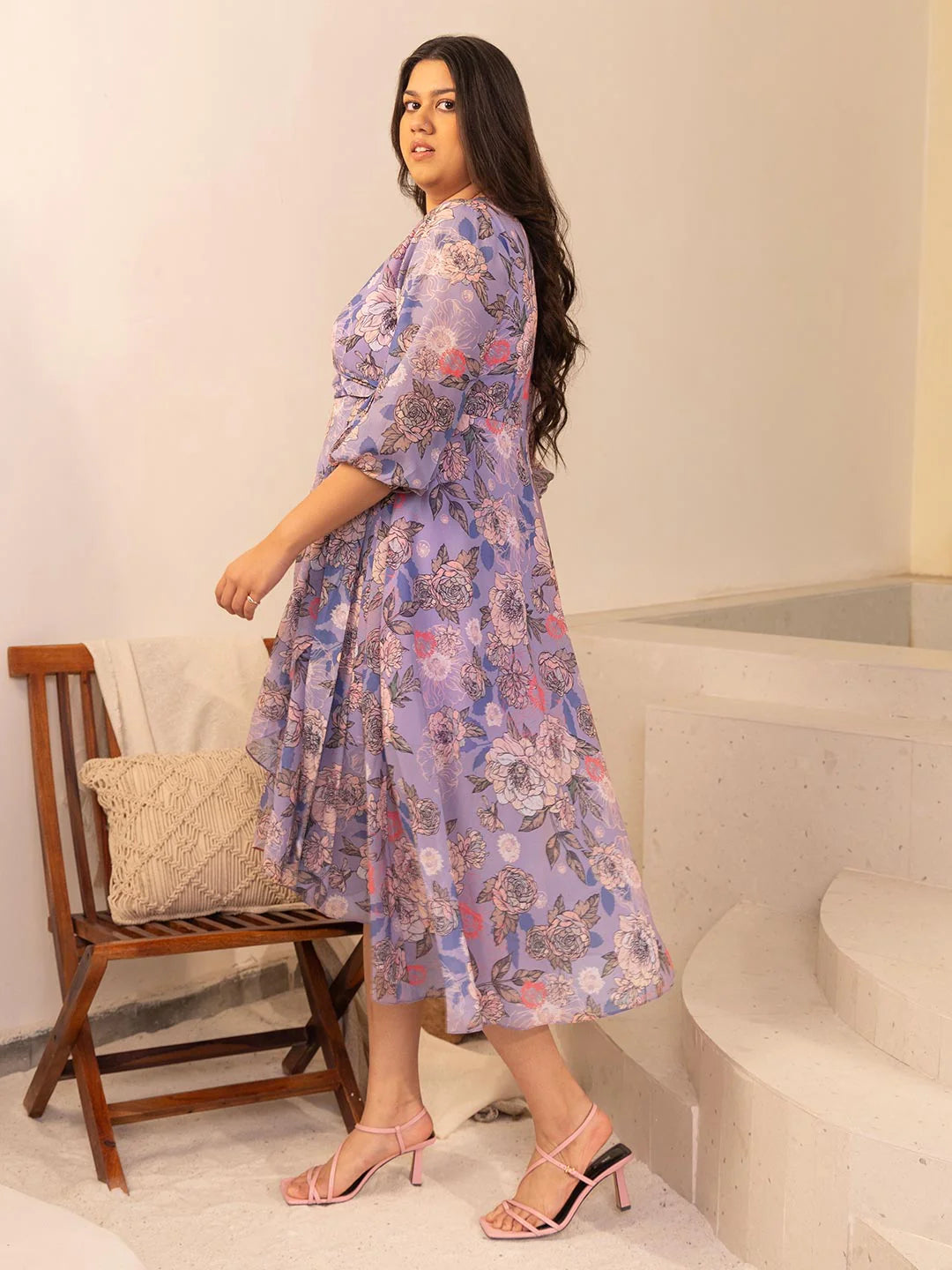 Plus Size Purple Georgette Floral Wrap Dress – 3XL to 6XL