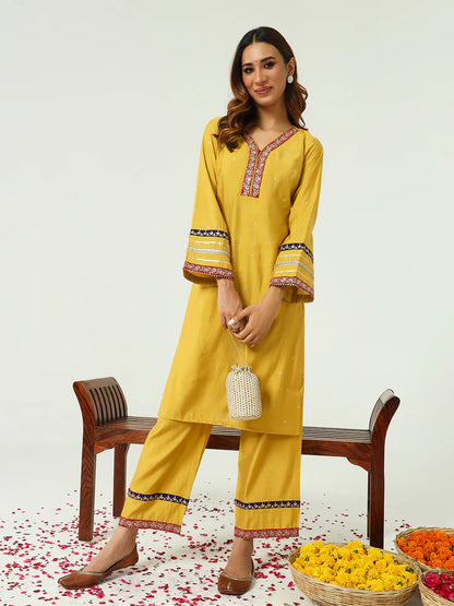 Yellow Chanderi Kurta Palazzo Set for Women with Mirror Detailing and Embroidered Borders