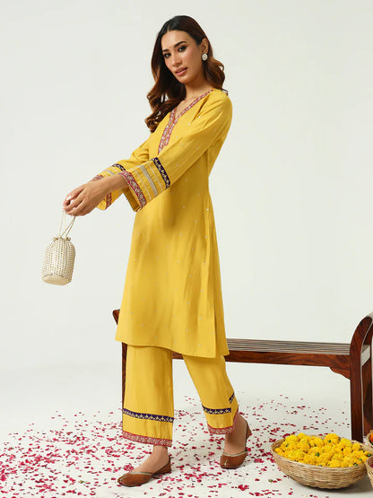 Yellow Chanderi Kurta Palazzo Set for Women with Mirror Detailing and Embroidered Borders