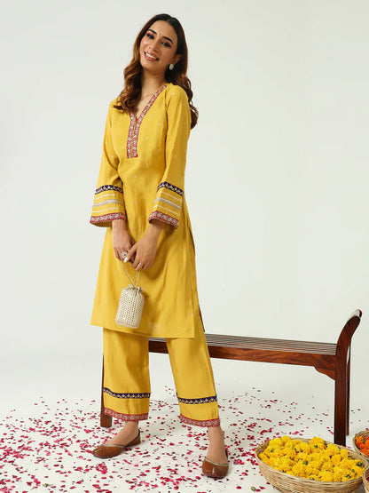 Yellow Chanderi Kurta Palazzo Set for Women with Mirror Detailing and Embroidered Borders