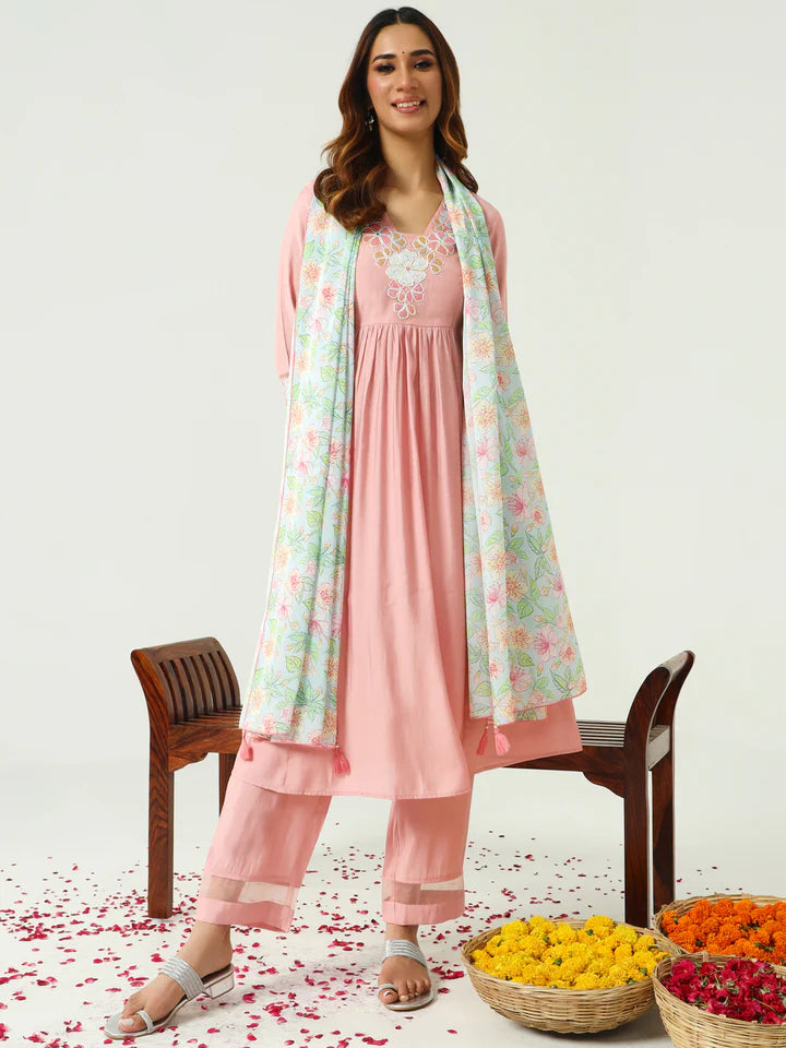 Women’s peach viscose Chanderi A-line kurta pant dupatta set with floral embroidery – festive wear