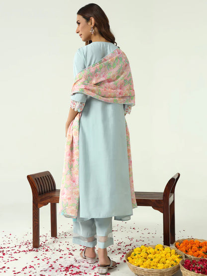 Sky Blue Viscose Chanderi A-line Kurta with Pant and Dupatta