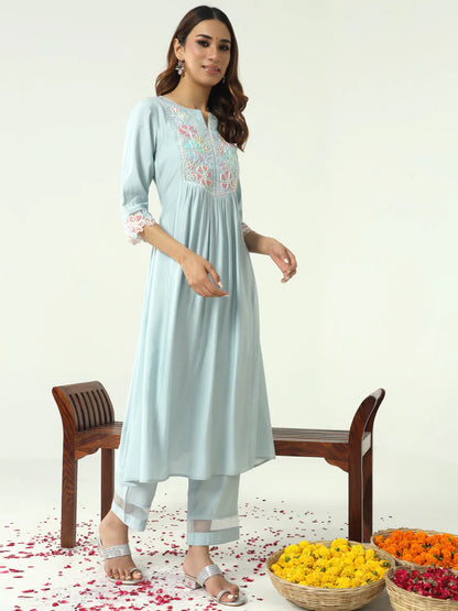 Sky Blue Viscose Chanderi A-line Kurta with Pant and Dupatta