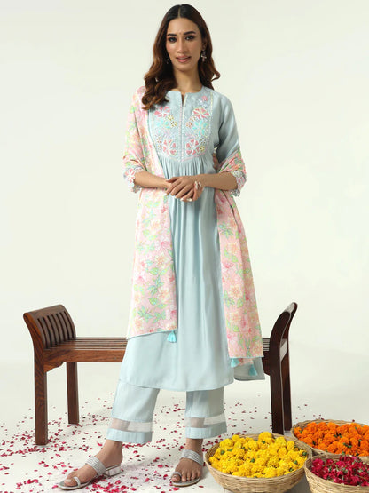 Sky Blue Viscose Chanderi A-line Kurta with Pant and Dupatta