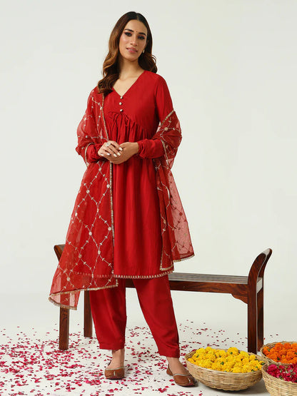 Women’s red silk blend Nayra cut kurta pant dupatta set with embroidered net dupatta – festive wear
