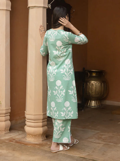 Pista Green Cotton Kurta Pant Set for Women with Flared Silhouette and White Floral Print