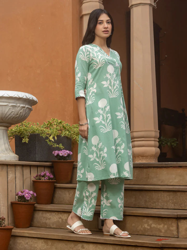 Pista Green Cotton Kurta Pant Set for Women with Flared Silhouette and White Floral Print