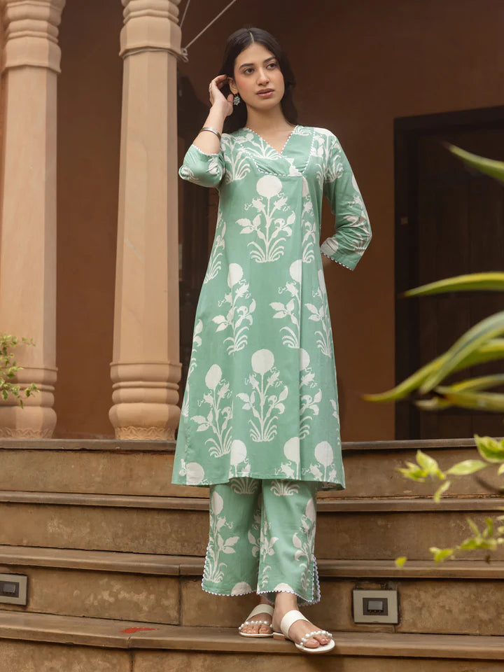 Pista Green Cotton Kurta Pant Set for Women with Flared Silhouette and White Floral Print