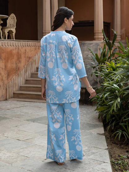 Sky Blue Cotton Co-ord Set for Women with Bold White Floral Print and Straight Pants
