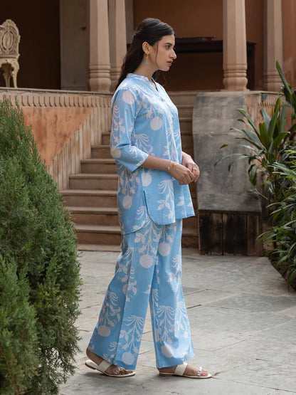 Sky Blue Cotton Co-ord Set for Women with Bold White Floral Print and Straight Pants