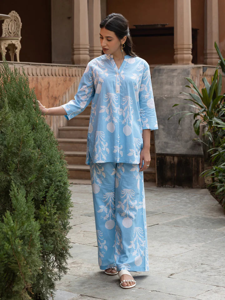 Sky Blue Cotton Co-ord Set for Women with Bold White Floral Print and Straight Pants