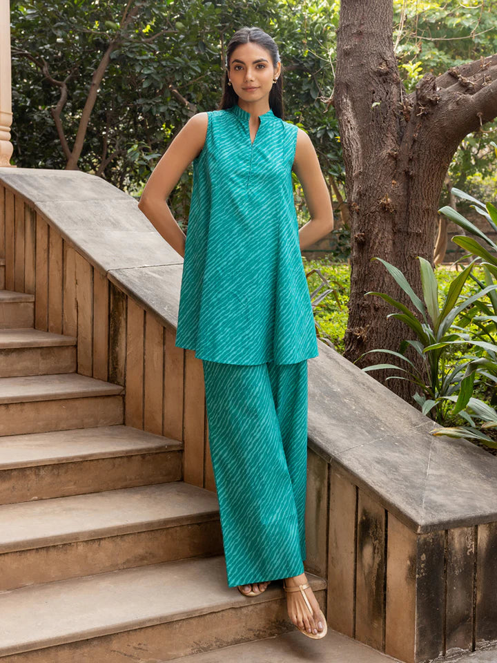 Teal Green Cotton Co-ord Set for Women with Sleeveless Printed Top and Wide-Leg Pants