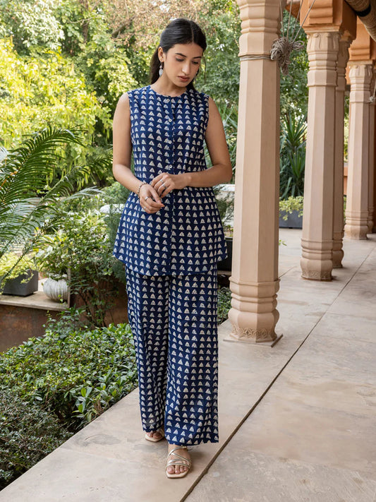 Navy Blue Cotton Co-ord Set for Women with Sleeveless Printed Top and Wide-Leg Pants