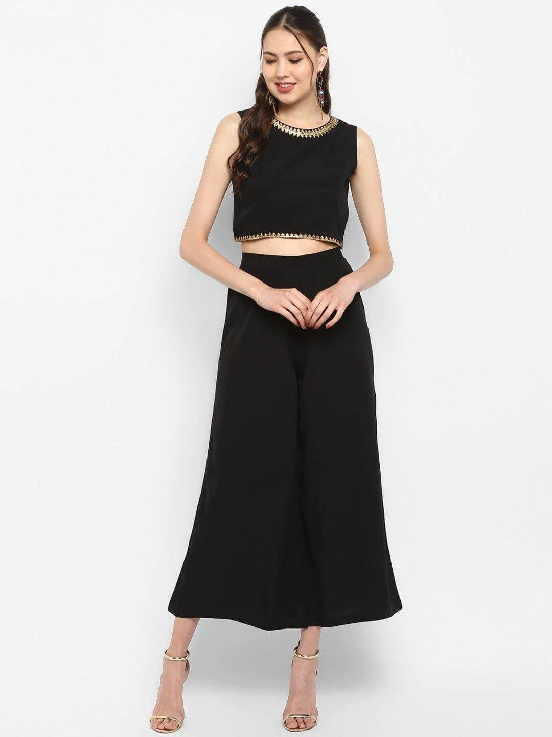 Black poly crepe crop top palazzo and jacket set for women with gold print – festive three-piece co-ord outfit