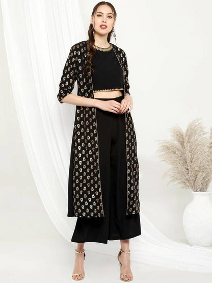 Black poly crepe crop top palazzo and jacket set for women with gold print – festive three-piece co-ord outfit