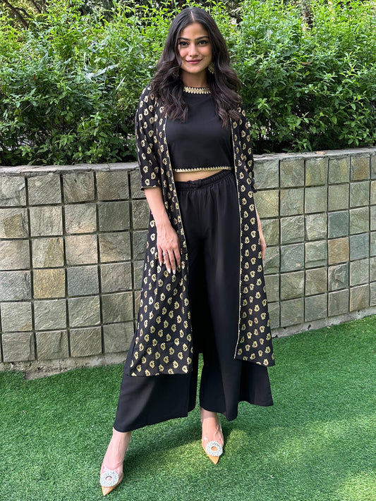 Black poly crepe crop top palazzo and jacket set for women with gold print – festive three-piece co-ord outfit