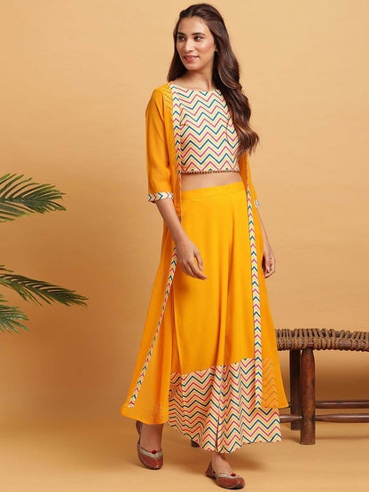 Chevron printed poly crepe crop top palazzo and georgette jacket set for women – festive three-piece outfit