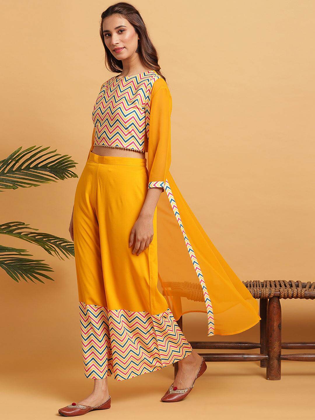 Chevron printed poly crepe crop top palazzo and georgette jacket set for women – festive three-piece outfit