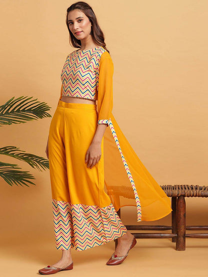 Chevron printed poly crepe crop top palazzo and georgette jacket set for women – festive three-piece outfit