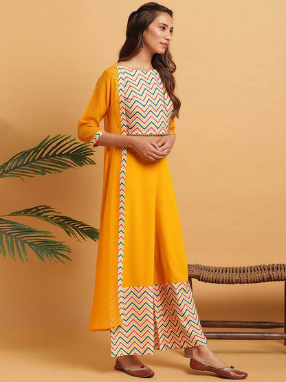 Chevron printed poly crepe crop top palazzo and georgette jacket set for women – festive three-piece outfit