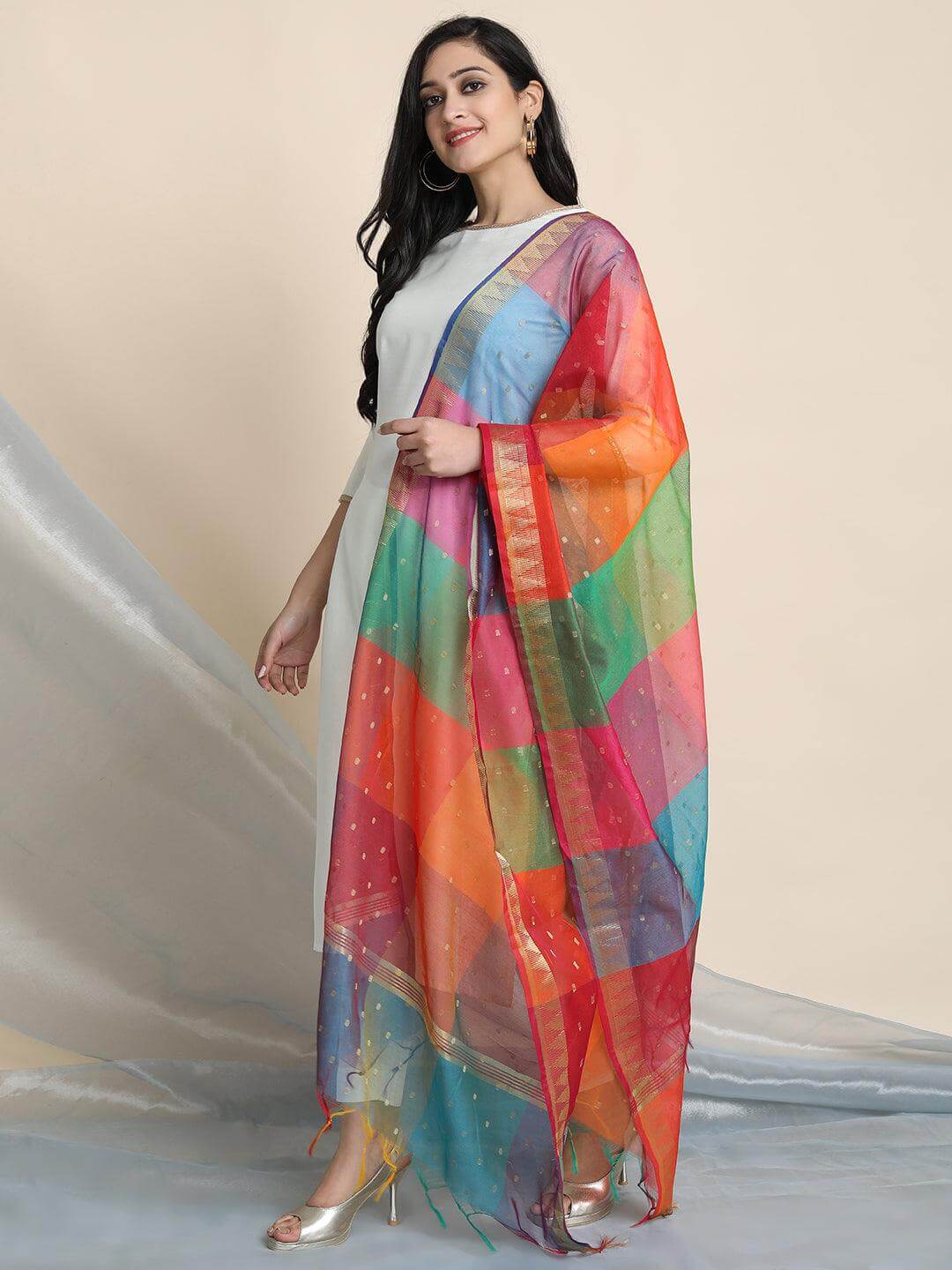 Off-White Poly Silk Kurta Pant Set with Lace Detailing and Multicolor Art Silk Dupatta for Women