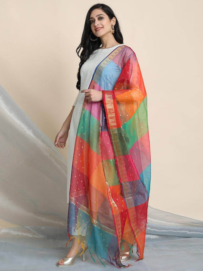 Off-White Poly Silk Kurta Pant Set with Lace Detailing and Multicolor Art Silk Dupatta for Women