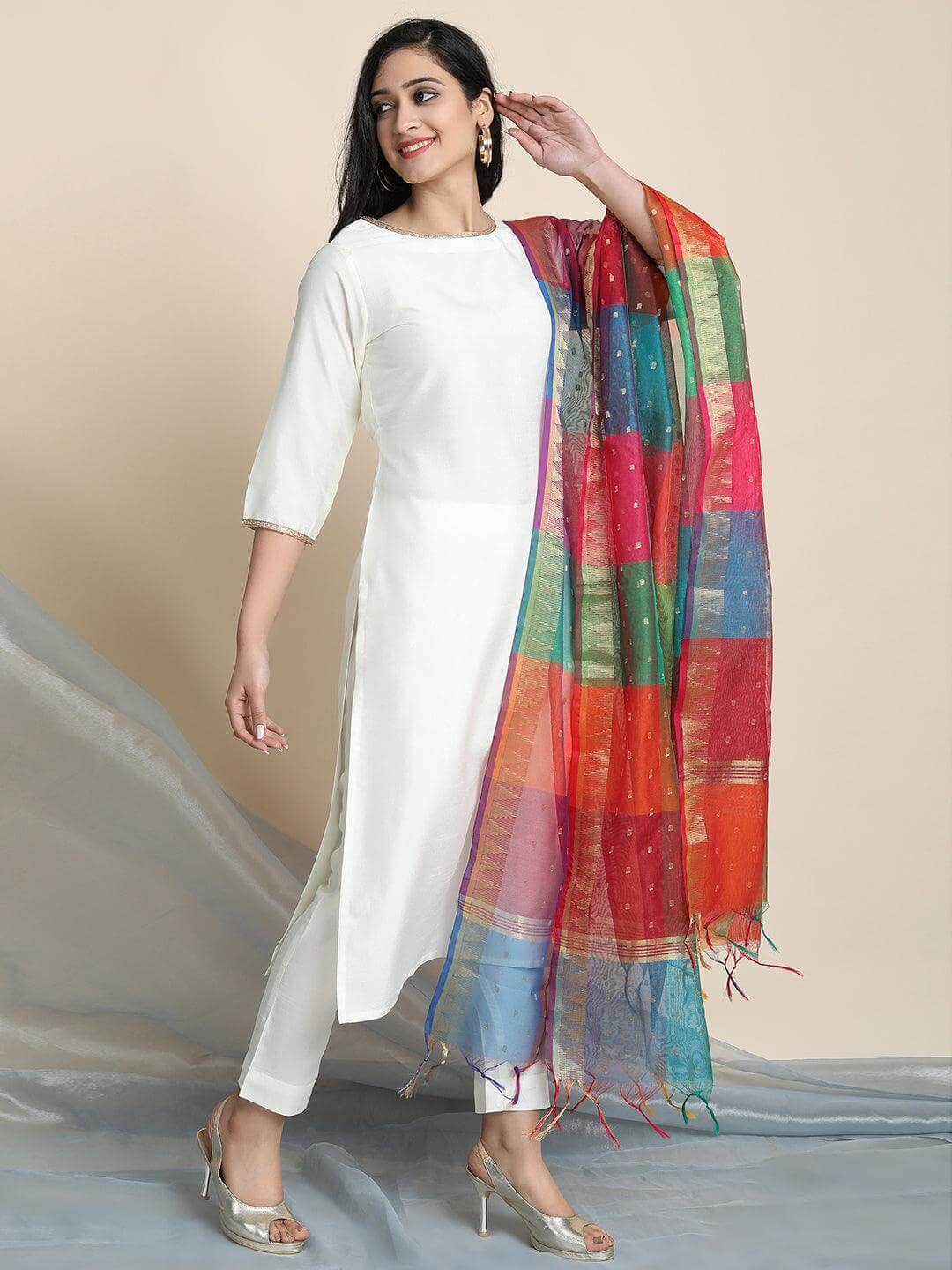 Off-White Poly Silk Kurta Pant Set with Lace Detailing and Multicolor Art Silk Dupatta for Women