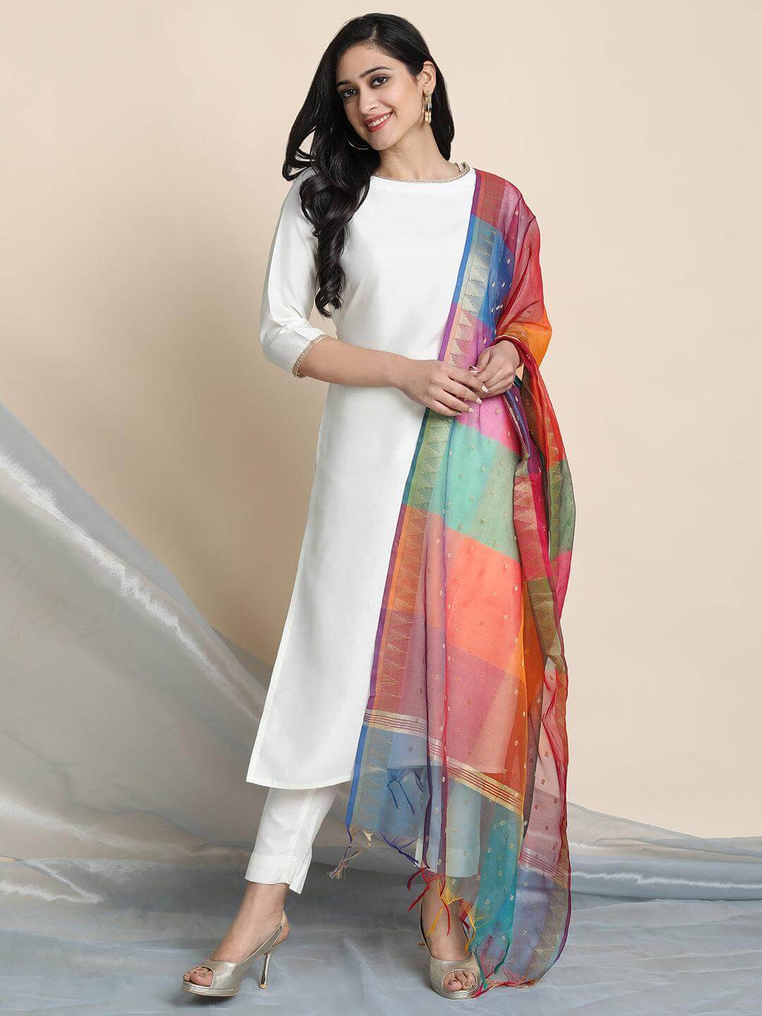 Off-White Poly Silk Kurta Pant Set with Lace Detailing and Multicolor Art Silk Dupatta for Women