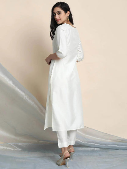 Off-White Poly Silk Kurta Pant Set with Lace Detailing and Multicolor Art Silk Dupatta for Women