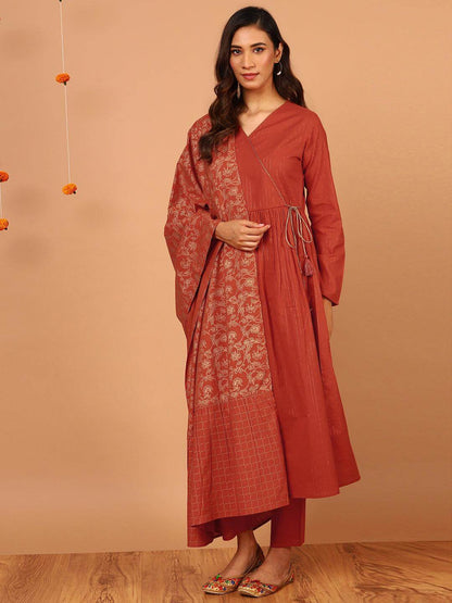 Orange Cotton Angrakha Style Kurta Pant Dupatta Set with Woven Stripes and Gold Print for Women