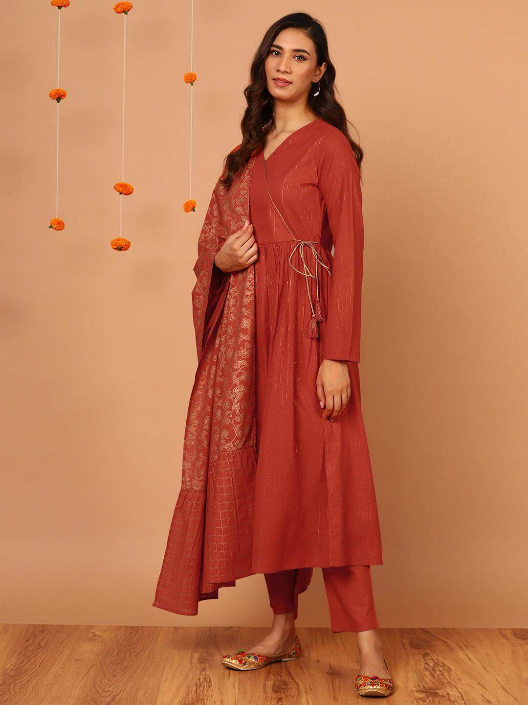 Orange Cotton Angrakha Style Kurta Pant Dupatta Set with Woven Stripes and Gold Print for Women
