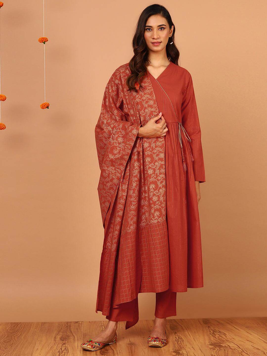 Orange Cotton Angrakha Style Kurta Pant Dupatta Set with Woven Stripes and Gold Print for Women