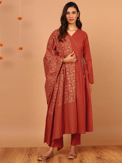 Orange Cotton Angrakha Style Kurta Pant Dupatta Set with Woven Stripes and Gold Print for Women