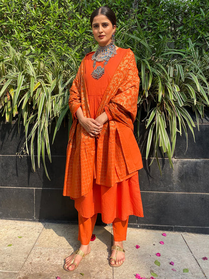 Orange Cotton Angrakha Style Kurta Pant Dupatta Set with Woven Stripes and Gold Print for Women