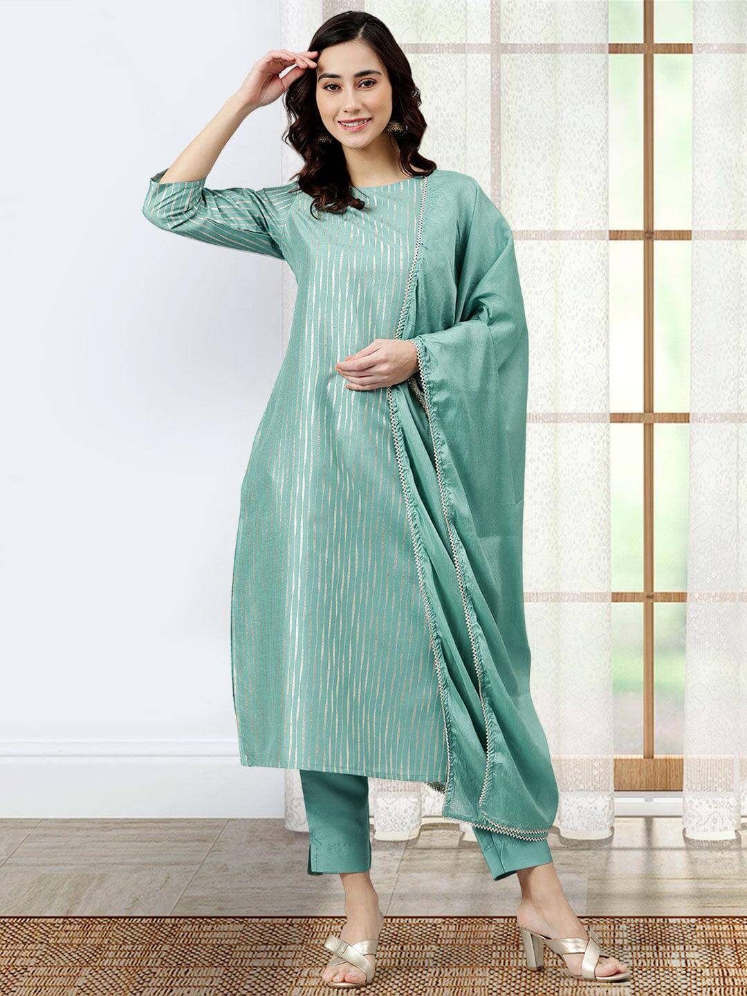 Green Silk Kurta Pant Dupatta Set with Foil Print Detailing for Women – Sizes M to 2XL