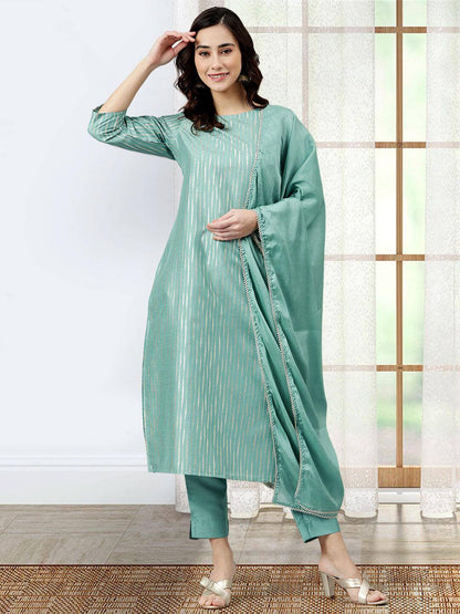 Green Silk Kurta Pant Dupatta Set with Foil Print Detailing for Women – Sizes M to 2XL