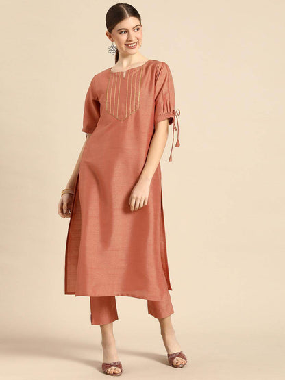 Rust Brown Silk Embellished Kurta Pant Co-ord Set for Women – Festive Wear Straight Fit