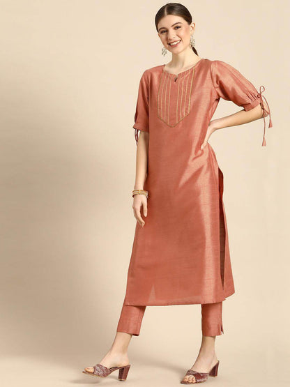 Rust Brown Silk Embellished Kurta Pant Co-ord Set for Women – Festive Wear Straight Fit